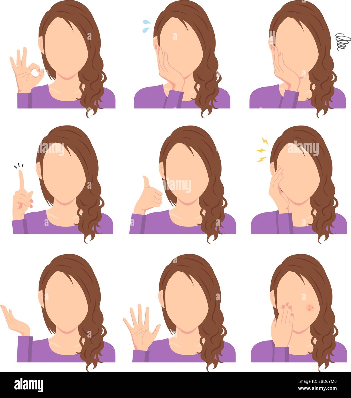 Gesichtslose junge Frau Vektor-Illustration Set / Hand-Geste-Variation. Stock Vektor