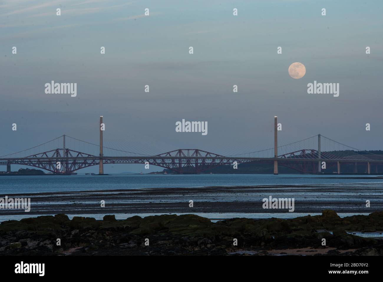 Blackness, Großbritannien. April 2020. Abgebildet: Der Supermoon im April steigt über die Ostküste Schottlands in den Abendhimmel und wird in diesem Jahr größer als jeder andere Mond erscheinen. Der Mond dieses Abends wird in den frühen Morgenstunden des Mittwoch, den 8. April, seine maximale Helligkeit erreichen, zu diesem Zeitpunkt wird der Mond in der Nähe seines Perigäums sein - oder des Punktes in seiner Umlaufbahn, den er der Erde am nächsten liegt. Diese Nähe wird das größte Aussehen des Mondes für das ganze Jahr bieten, das im Allgemeinen Supermoon genannt wird. Kredit: Colin Fisher/Alamy Live News Stockfoto