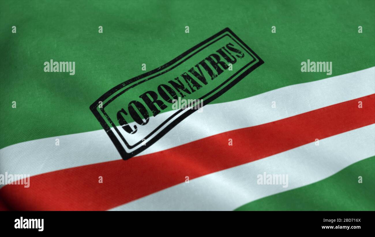 Coronavirus-Stempel auf der Flagge der tschetschenischen Republik. Coronavirus Konzept. 3D-Rendering. Stockfoto
