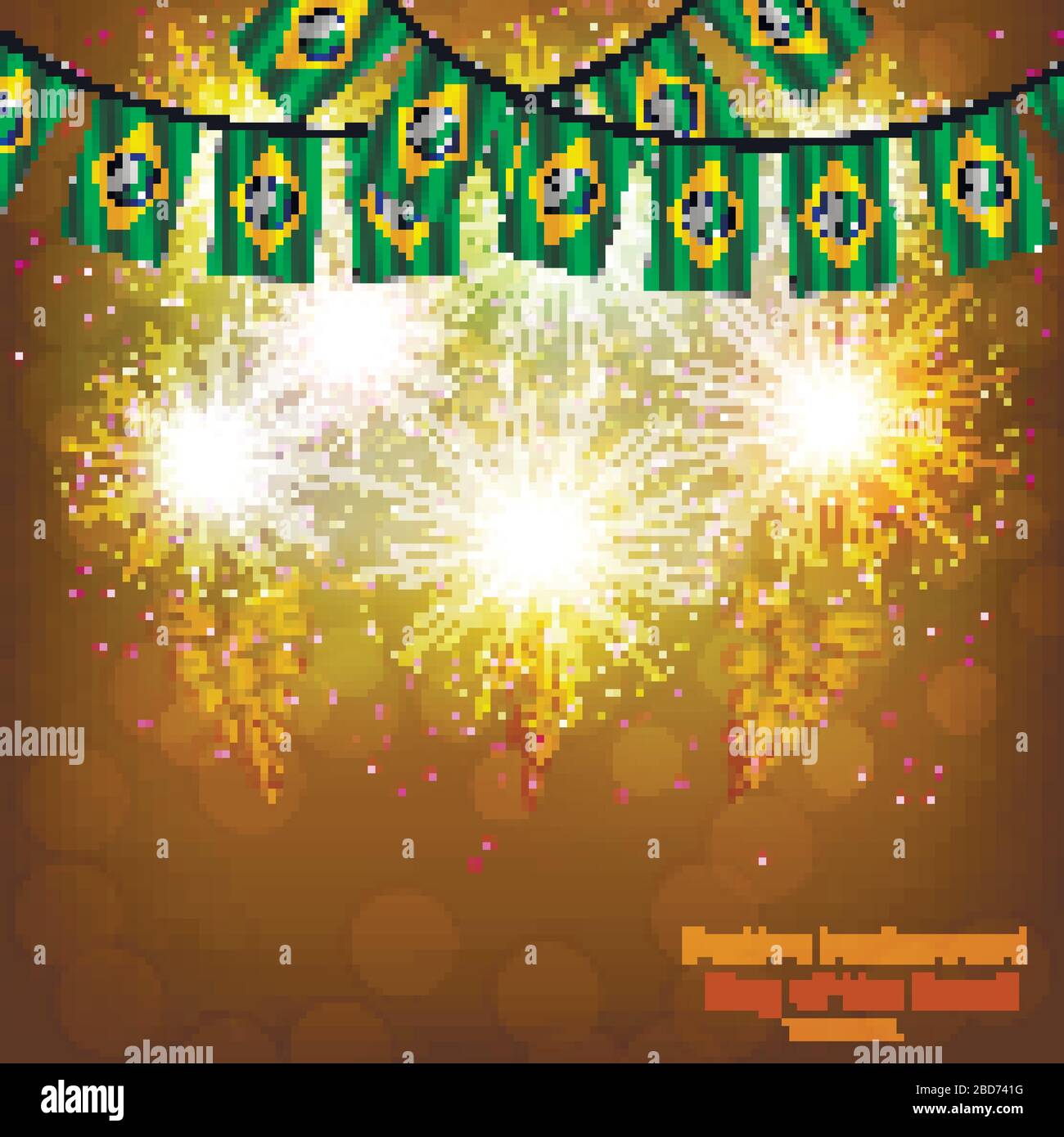 Helles Feuerwerk mit Flaggen Brasiliens für den Urlaub. Hintergrund mit Flagge Brasiliens. Glücklicher Hintergrund für den Brasilientag. Vektorgrafiken für Carneval. Stock Vektor