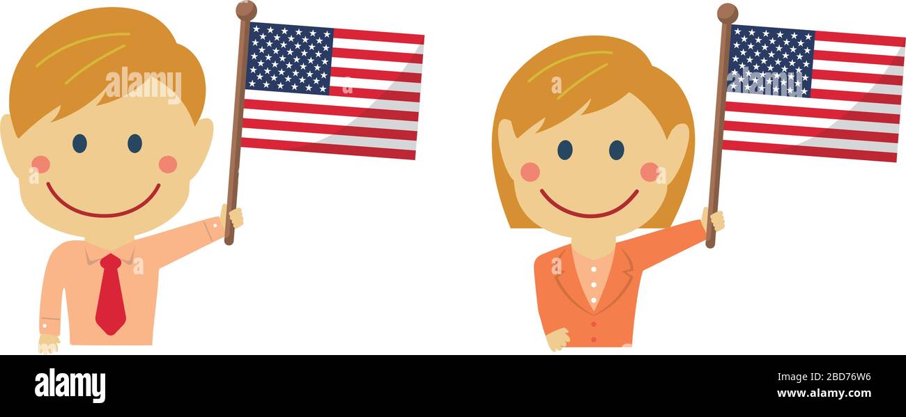 Cartoon Business Person verschiedener Rassen mit Nationalflaggen / USA .Flat Vector Illustration. Stock Vektor
