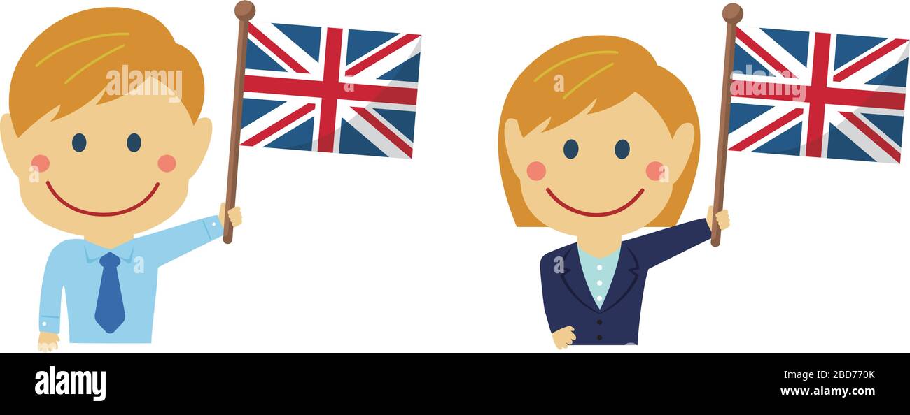 Cartoon Business Person verschiedener Rassen mit Nationalflaggen / die UK .Flat Vector Illustration. Stock Vektor