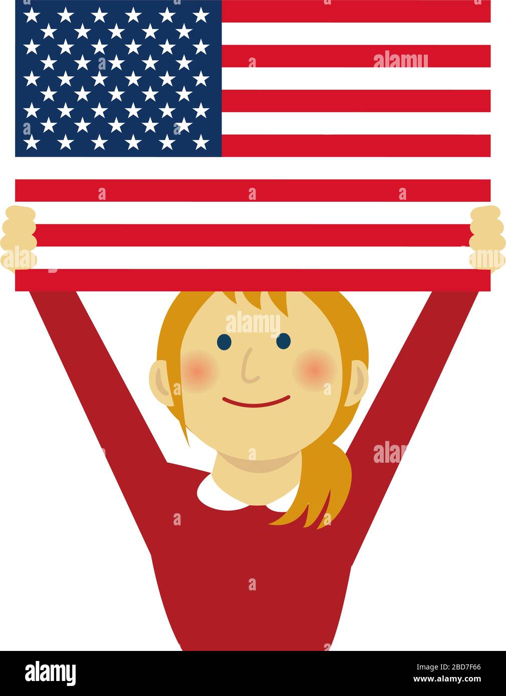 Cartoon-Frau mit Nationalflaggen/USA (Oberkörper). Flache Vektorgrafiken. Stock Vektor