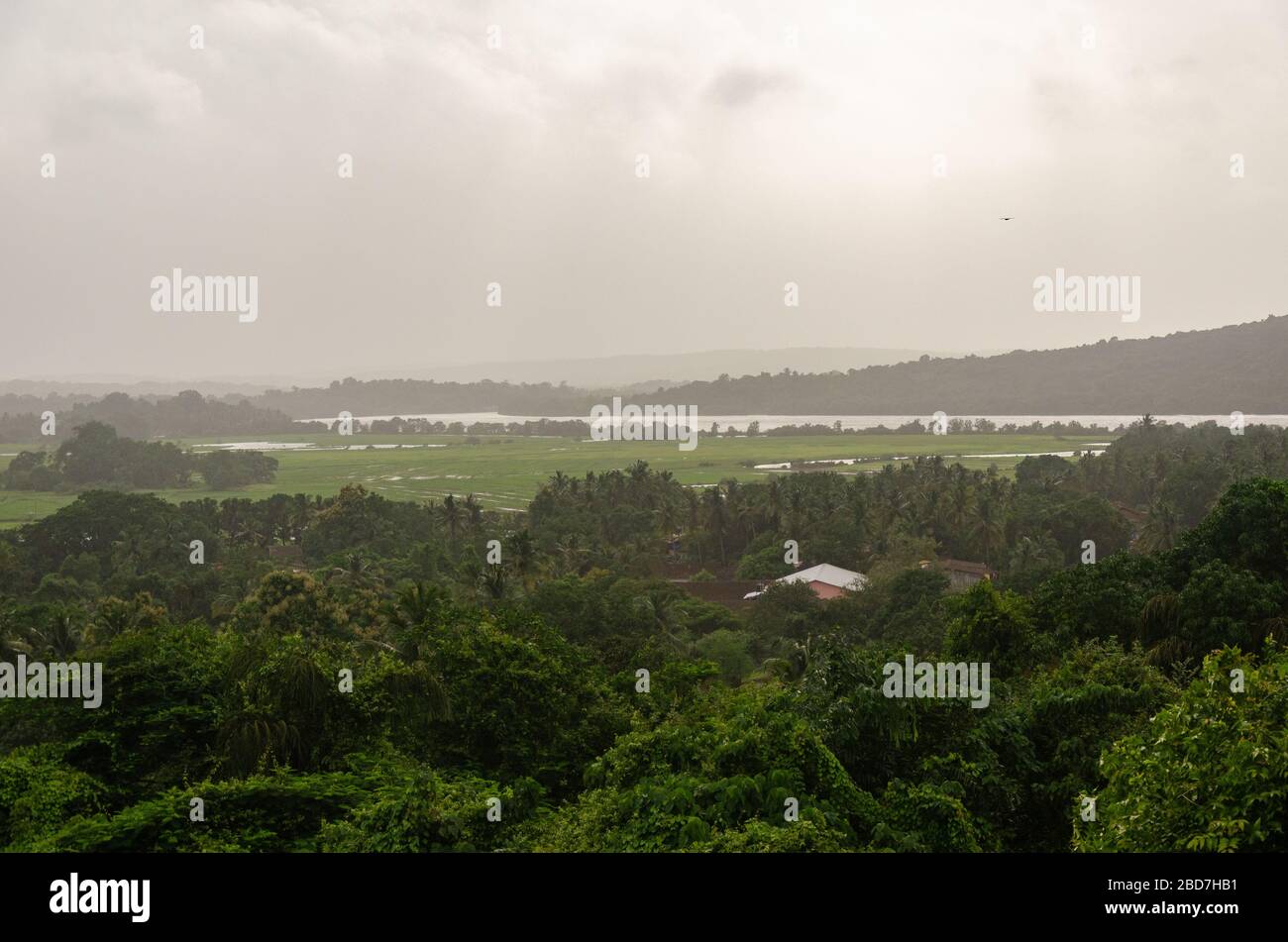 Schöne Aussicht auf die üppig grüne Landschaft der Insel St Estevam während der Monsunzeit, wie aus St Estevam Fort, Ilhas, Goa, Indien gesehen Stockfoto