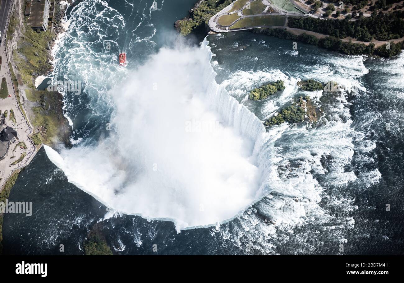 Niagara-Wasserfall von oben, Luftansicht des Niagara-Wasserfalls. Stockfoto