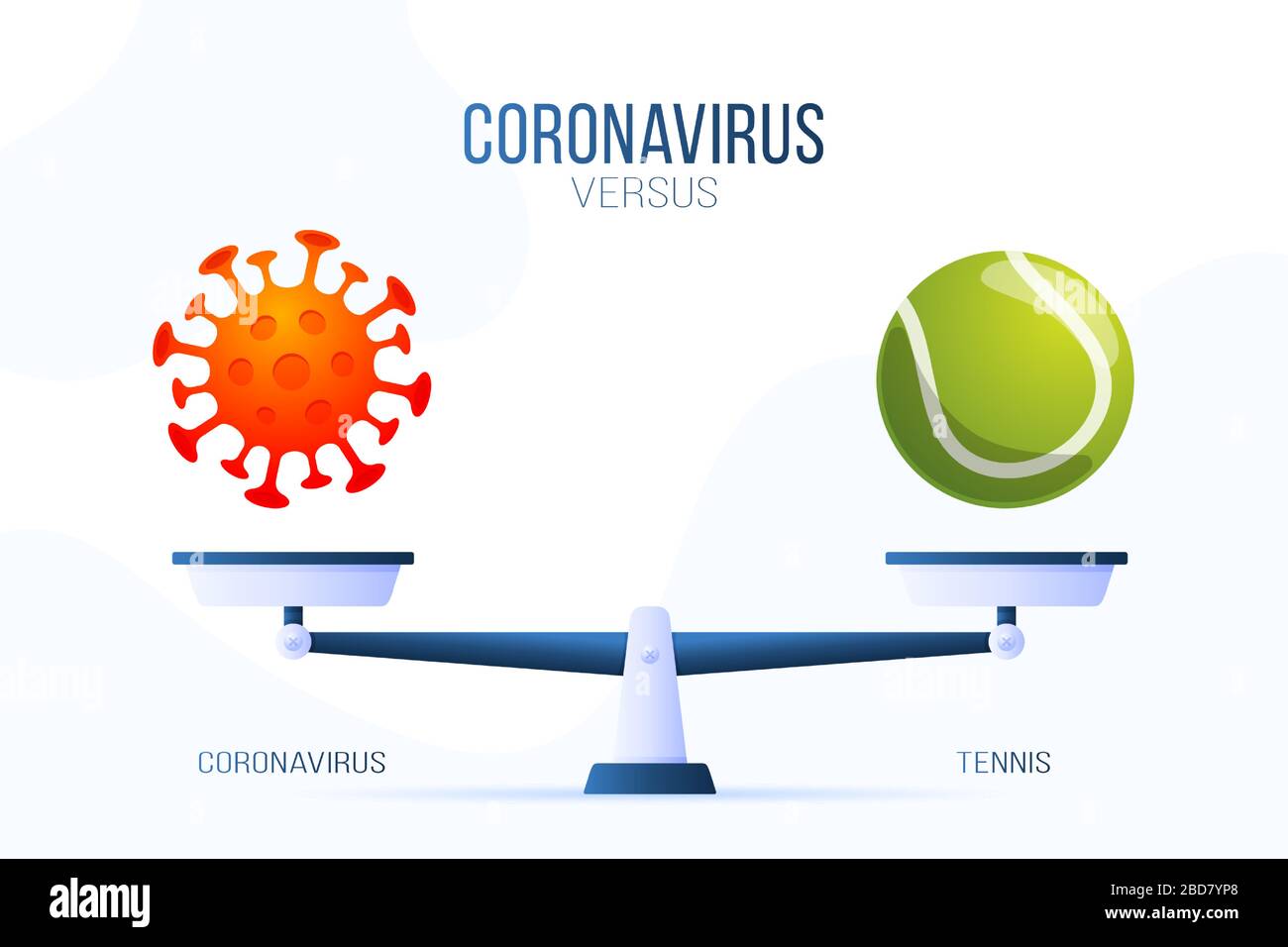 Coronavirus- oder Tennisvektorillustration. Kreatives Konzept von Skalen und versus, auf der einen Seite der Skala liegt ein Virus-Kovid 19 und auf der anderen Seite tenn Stock Vektor