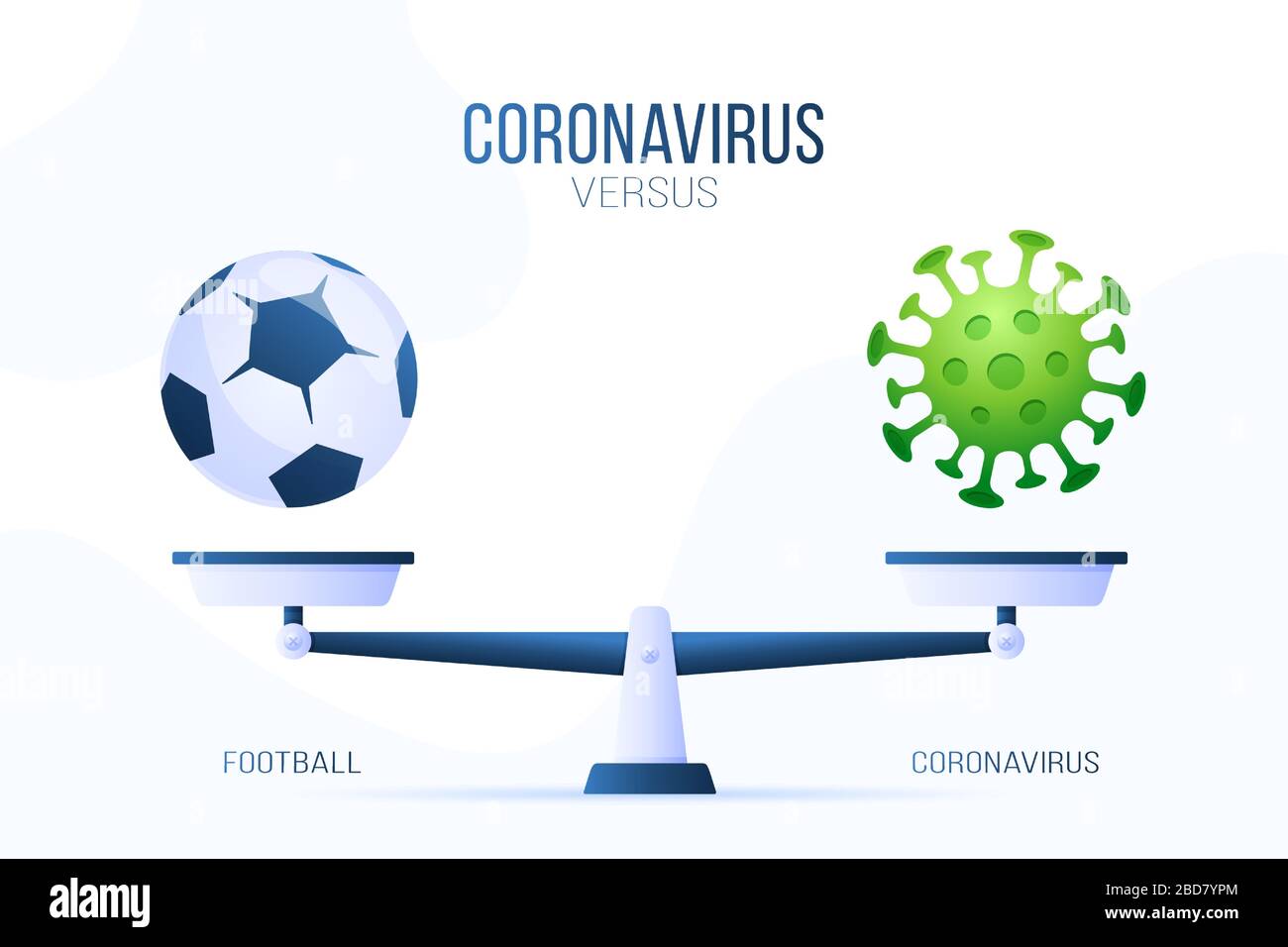 Coronavirus oder Fußball-Vektorgrafiken. Kreatives Konzept von Skalen und versus, auf der einen Seite der Skala liegt ein Viruskovid 19 und auf der anderen Seite so Stock Vektor