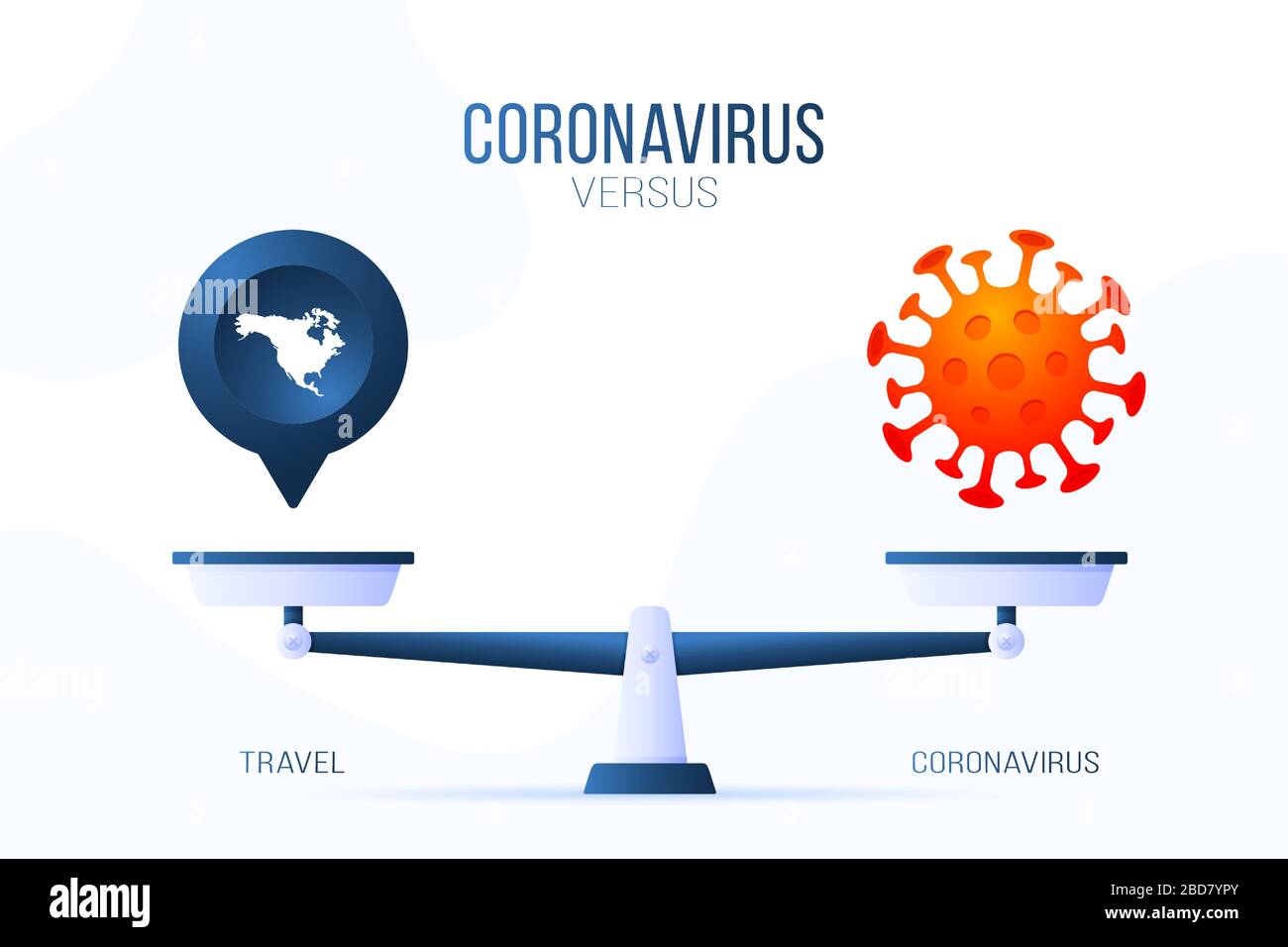Darstellung von Coronavirus oder Reise-Vektoren. Kreatives Konzept von Skalen und versus, auf der einen Seite der Skala liegt ein Virus-Kovid-19 und auf der anderen Pin Stock Vektor