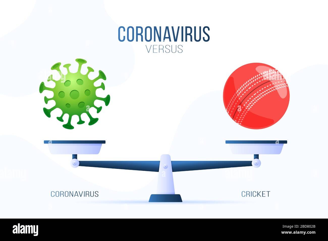 Coronavirus- oder Cricket-Vektorgrafiken. Kreatives Konzept von Skalen und versus, auf einer Seite der Skala liegt ein Virus-Kovid 19 und auf der anderen cri Stock Vektor