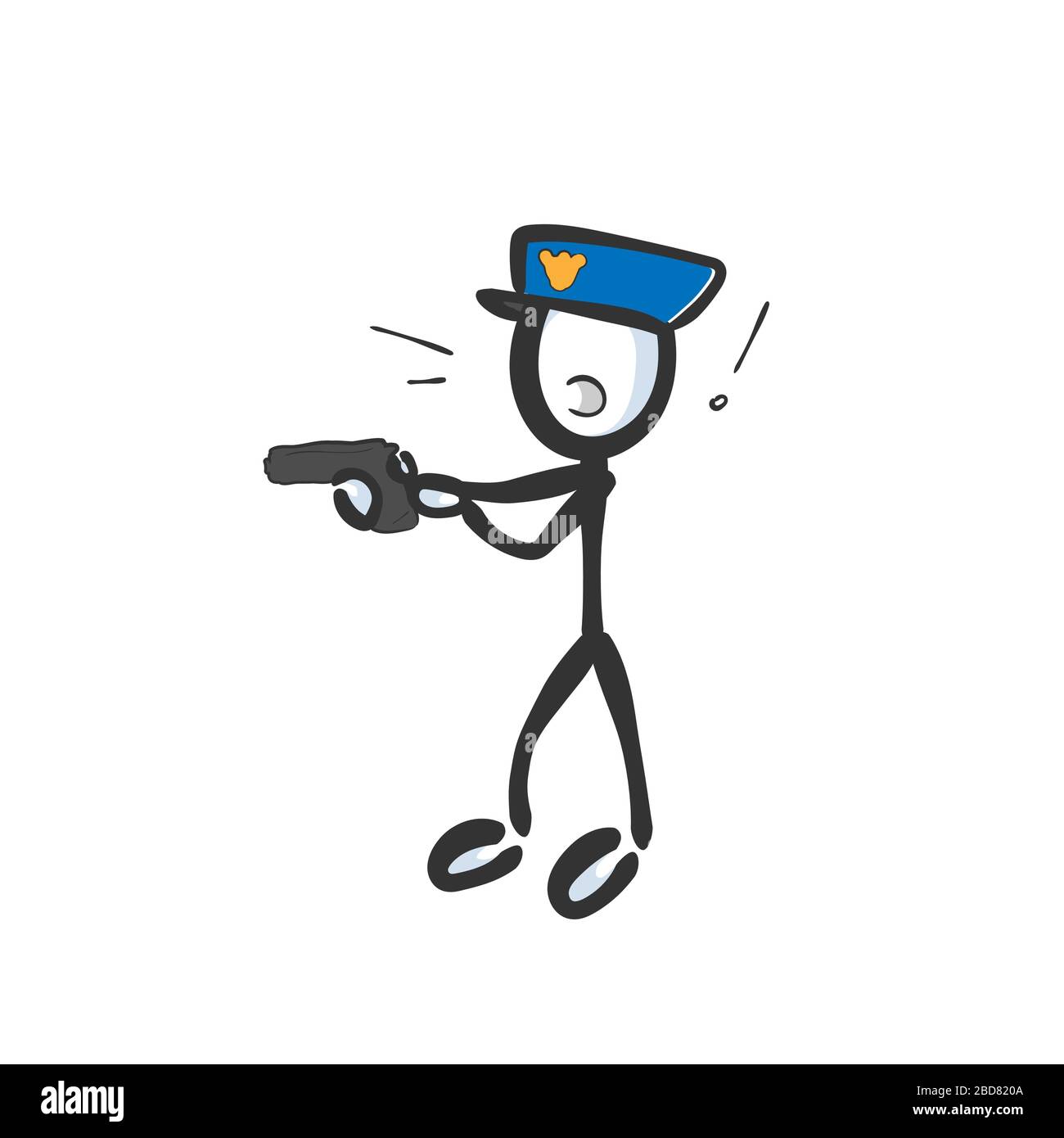 Polizist verhaftet Tatwaffe. Hand gezogen. Stickiger Zeichentrickfilm. Doodle Skizze, Vector Graphic Illustration Stock Vektor