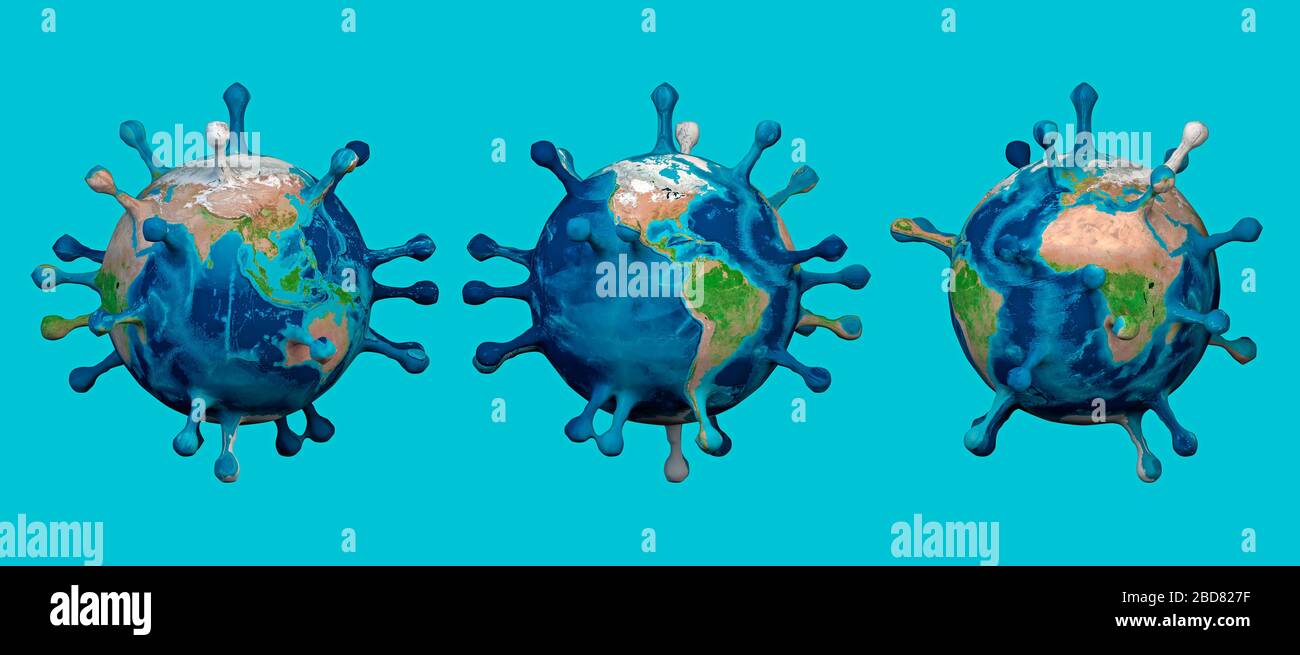 Karte der Welt und des Virus, Weltpandemie. Covid-19. Welt mit der Form von Coronavirus. Kontinente: Asien, Amerika, Ozeanien, Afrika und Europa Stockfoto