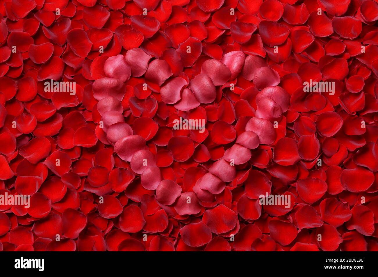 Foto Illustration der Herzform aus roten Rosenblättern. Stockfoto