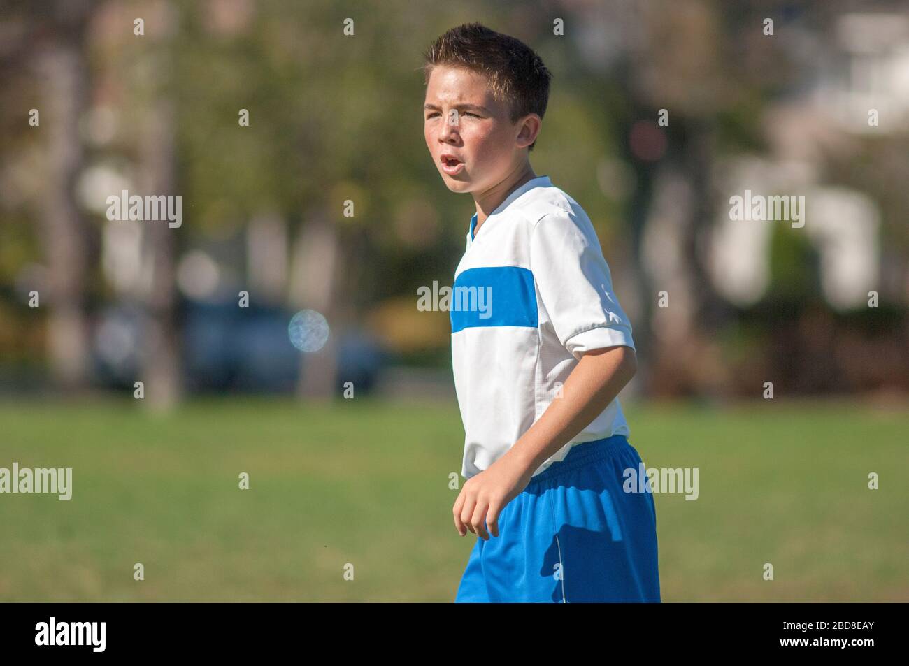 Jugendlicher Fußballspieler schreit auf dem Feld Stockfoto