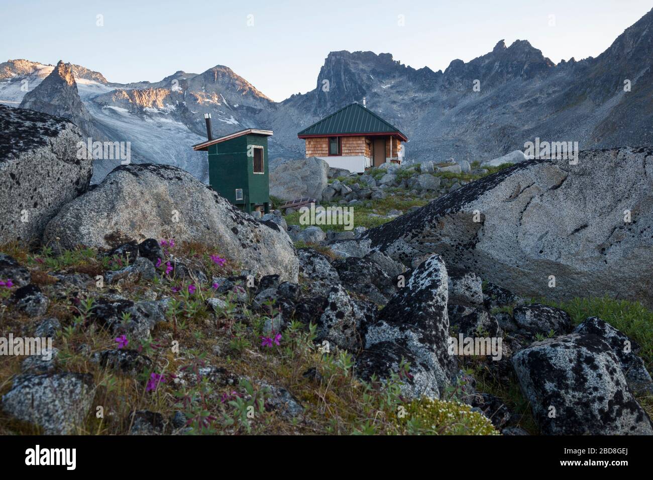 Snowbird Hut mit Feuerkraut (Chamaenerion angustifolium), Outhouse und Snowbird-Gletscher, Talkeetna Mountains, Alaska. Stockfoto