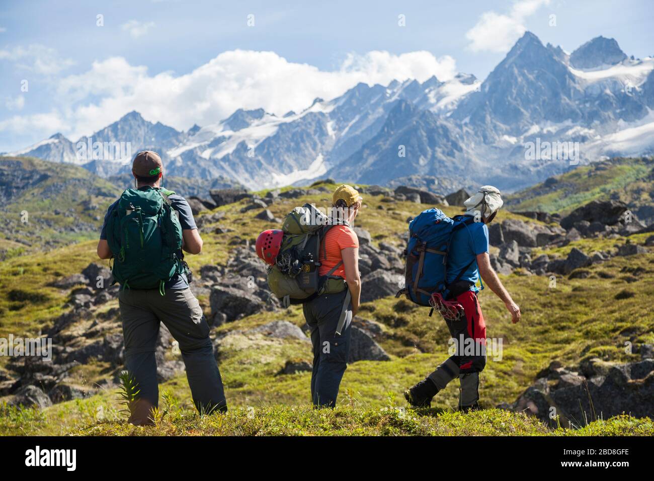 Wanderer genießen den Blick auf die Berge vom Wintergreen Creek, Talkeetna Mountains, Alaska. Stockfoto