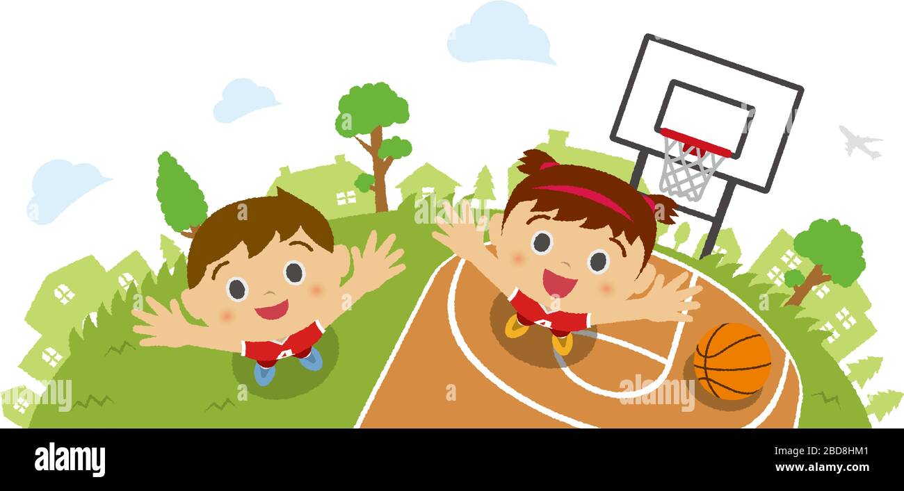 Kinder (Kinder/Junge und Mädchen), die in den Himmel schauen (mit Basketballuniform). Vektor-Cartoon-Illustration. Hintergrund des Basketballplatzes (Bird's Stock Vektor