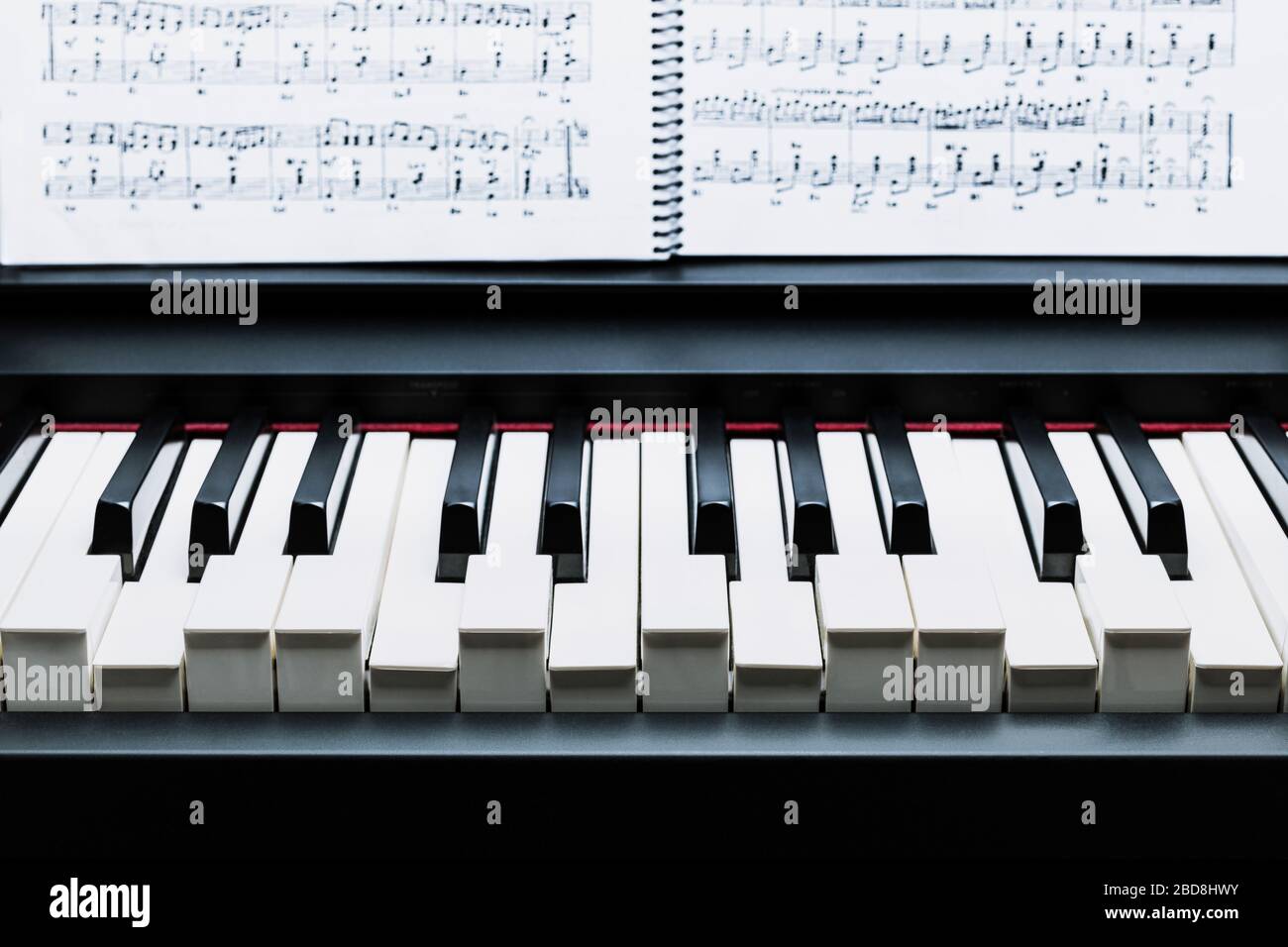 Schwarze und weiße Tasten auf einem elektronischen Klavier, das eine Chord pulsiert Stockfoto