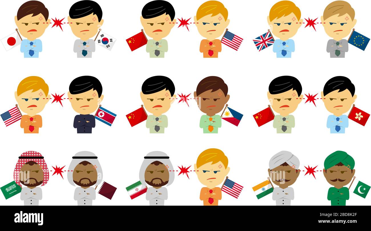Politischer Konflikt zwischen den Nationen. Vector Flat Illustration Set (Stecker/Oberkörper ). Stock Vektor