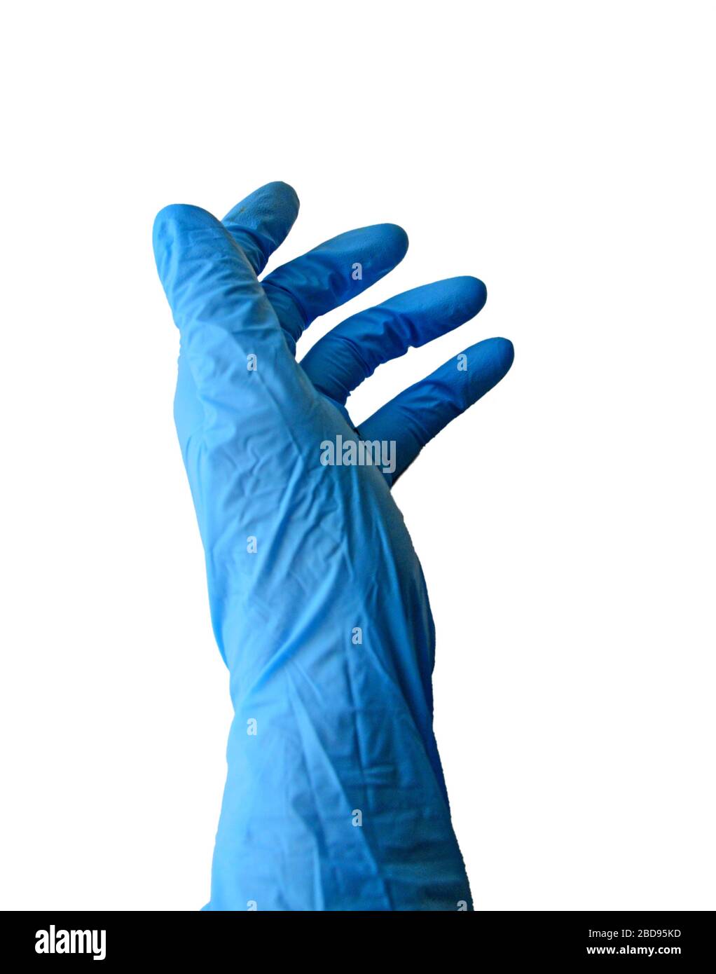 Hand mit latexchirurgischem, blauem Handschuh. Stockfoto