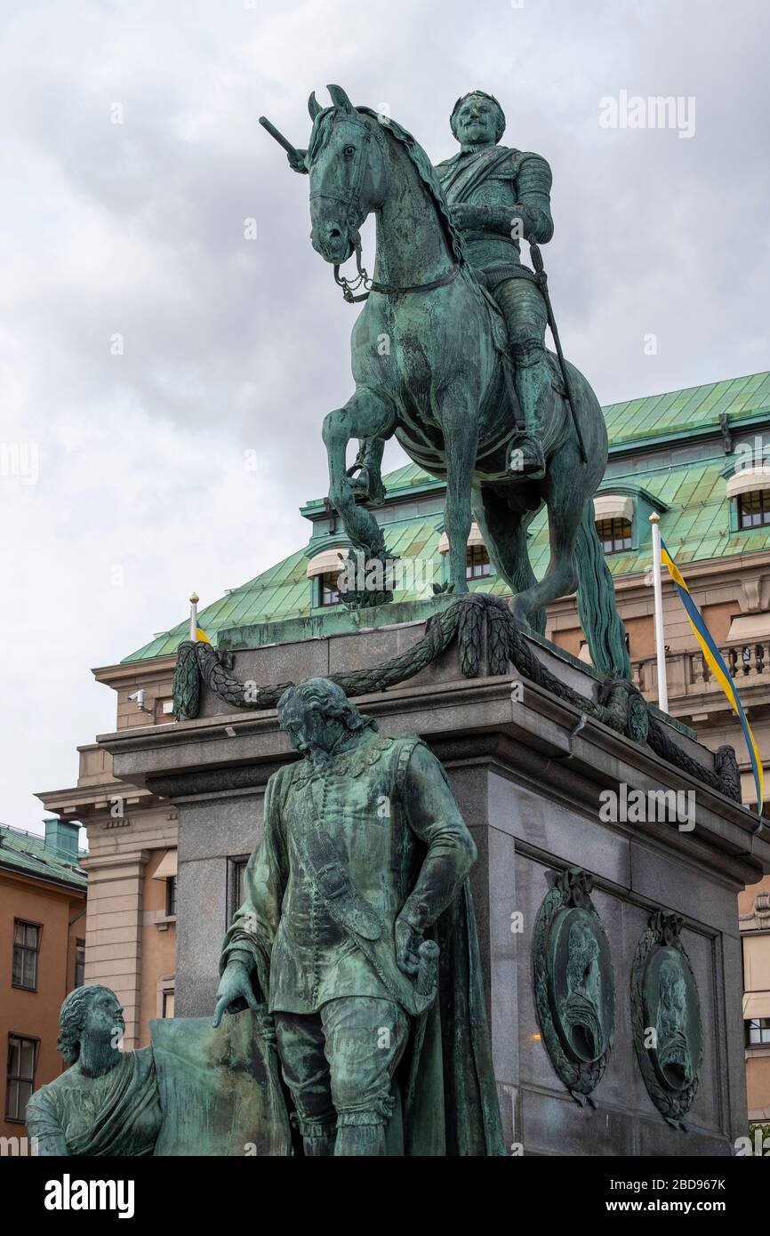 Gustav II. Spielt Reiterstandbild in Stockholm, Schweden, Europa Stockfoto