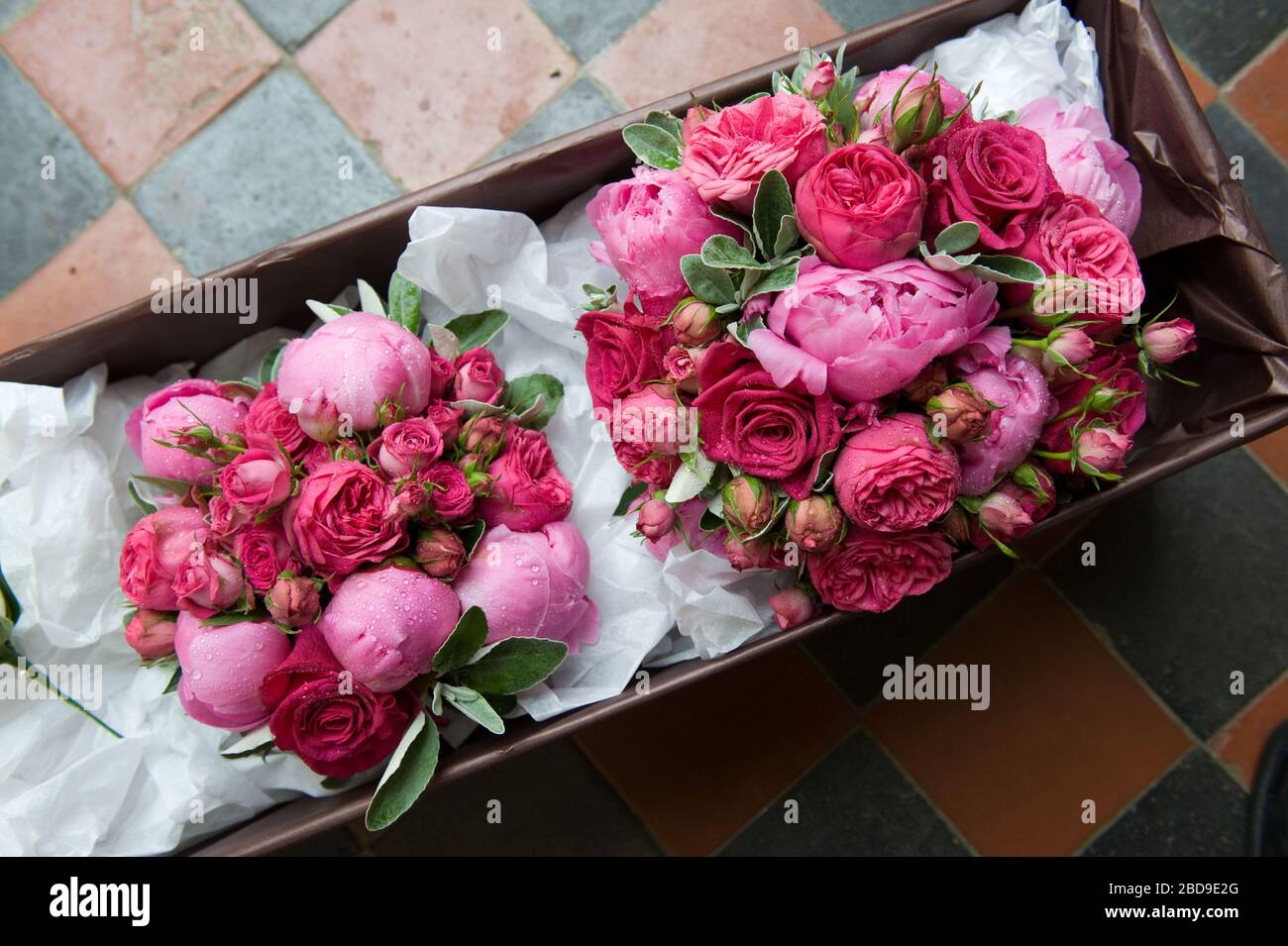 Zwei Brautstrauß aus rosa und roten Rosen Stockfoto