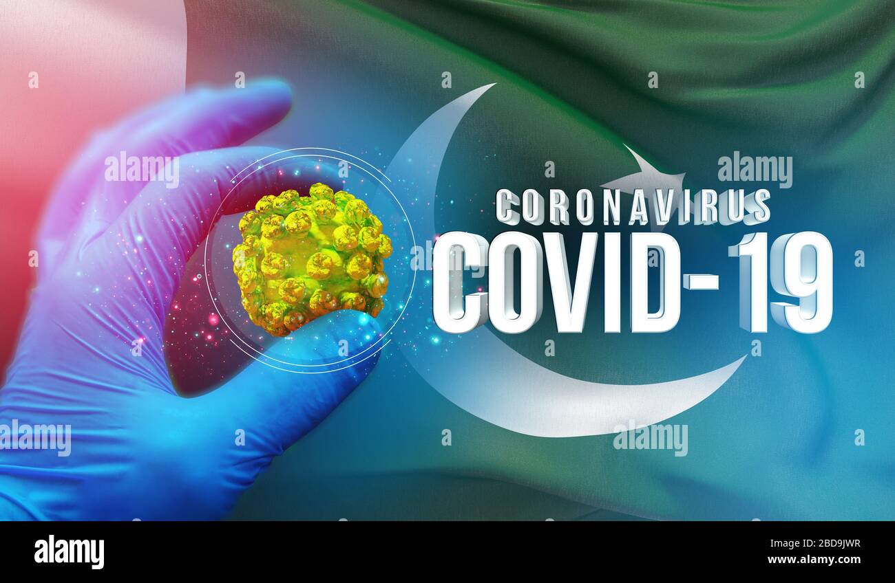 Coronavirus COVID-19 Outbreak-Konzept, gesundheitsgefährdendes Virus, Hintergrund schwenkende Nationalflaggen Pakistans. Pandemie stoppt den neuartigen Ausbruch von Coronavirus Stockfoto