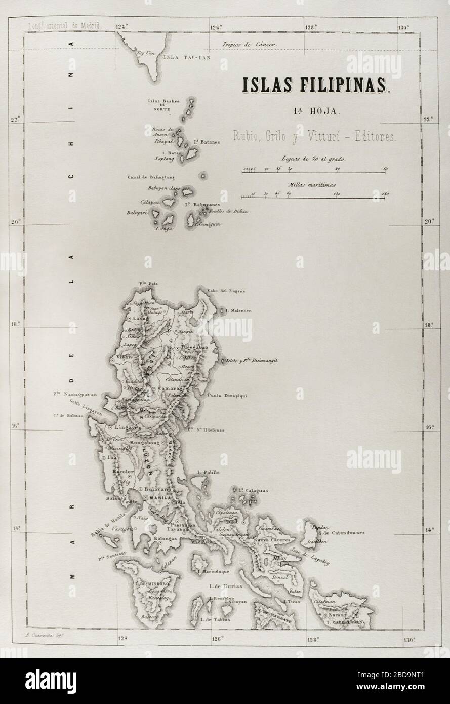 Mapa de las Islas Filipina. Isla de Luzón. (Colonia española). Crónica General de España, Historia Ilustrada y Descriptiva de sus Provincias. Filipinas, 1871. Stockfoto