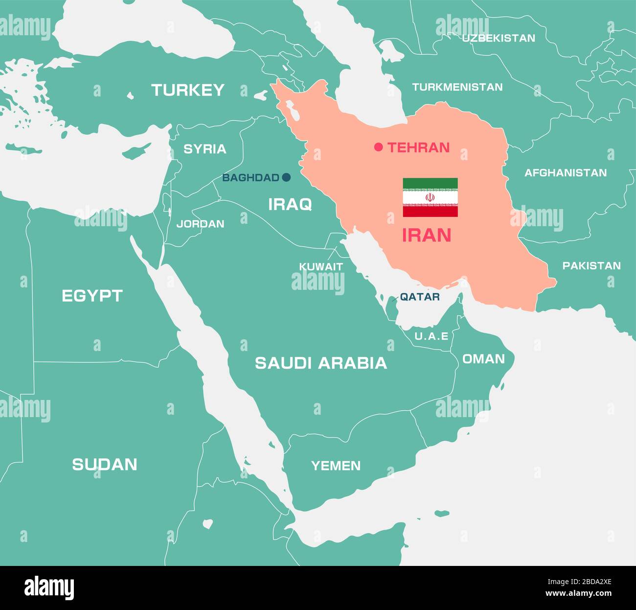 Iran und Naher Osten, arabische Länder Karte / Englisch Stock Vektor
