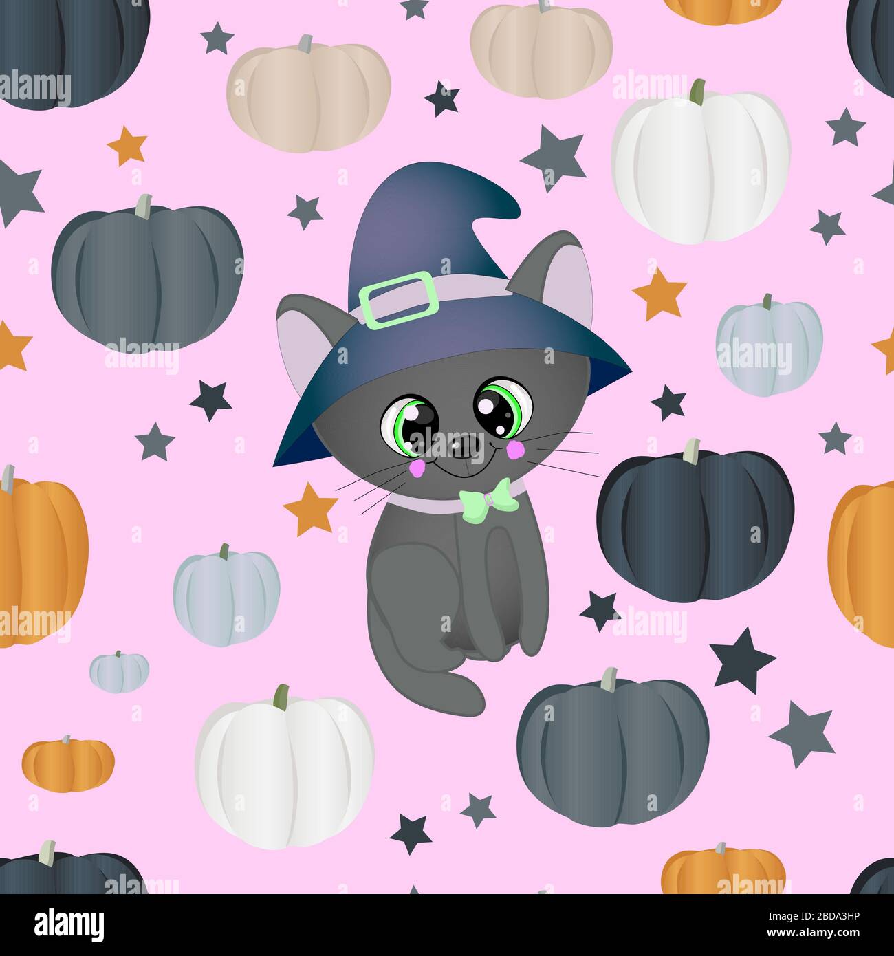 Halloween nahtloses Muster. Schwarzer Hintergrund. Kürbisse in verschiedenen Farben und eine niedliche Katze in einem Hut Stock Vektor