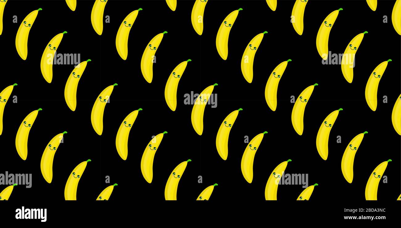 EXOTISCHE Fruchtbanane MIT NAHTLOSEM Muster und lustigen, niedlichen Gesichtern. Küche Textil oder Verpackungspapier. Stock Vektor