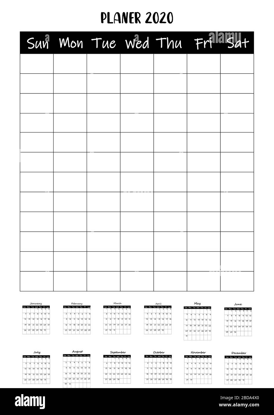 Kalender 2020 und Planer. Terminkalender. Weißer Hintergrund. Stock Vektor