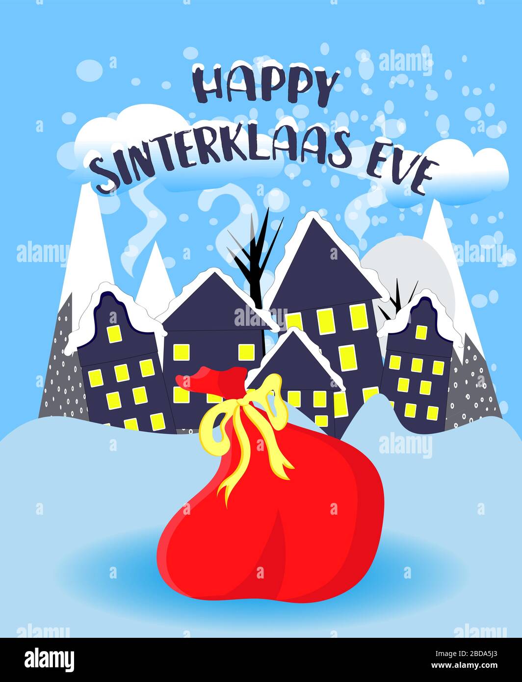 St. Nikolaus Tag. Tasche mit Überraschungen auf blauem Hintergrund. Dezember. Tag der Süßigkeiten und Geschenke. Stock Vektor