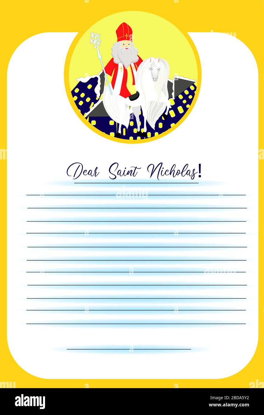 Lieber Heiliger Nikolaus Briefvorlage für die Bestellung Geschenke und Wünsche. Kids Design. Stock Vektor
