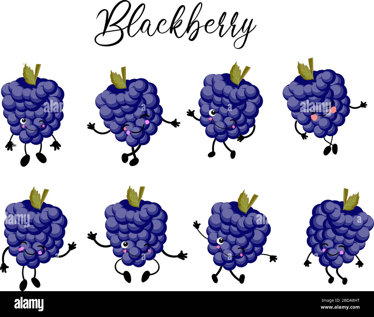 Setzen Sie niedliche und lustige Figur im Comicstil blackberry wild lächelnd, Cartoon-Vektor-Illustration, isoliertes BlackBerry, Charakter von blackberry Stock Vektor