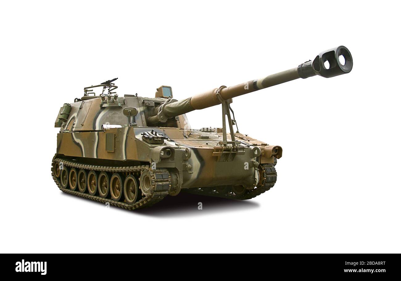 Artillery M109A - Panzerwagen isoliert auf weiß Stockfoto
