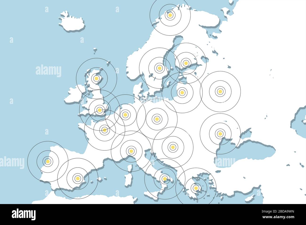 Verfolgung Von Mobiltelefonen. Abbildung mit Europakarte und Mobiltelefonen. Stockfoto