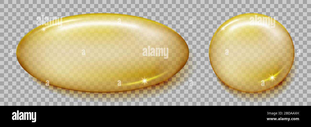 Fischölkapsel isoliert auf transparentem Hintergrund. Omega 3- oder Vitamin E-goldenes Weichselkapsel-Mockup. Vektorgrafiken Stock Vektor