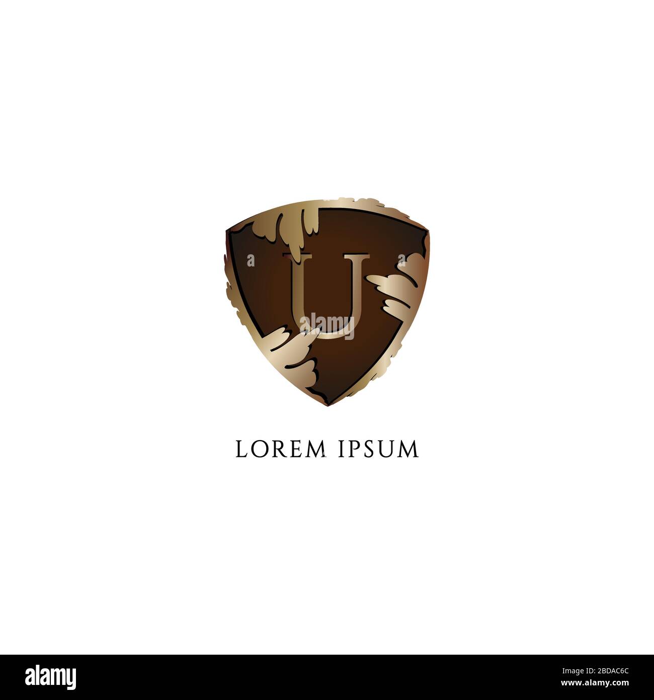 Designvorlage für das Logo des Buchstaben U. Erstes Konzept des abjad-Logos. Luxuriöse dekorative Metallic-Goldschild-Zeichenabbildung. Schutz, Schutz Stock Vektor