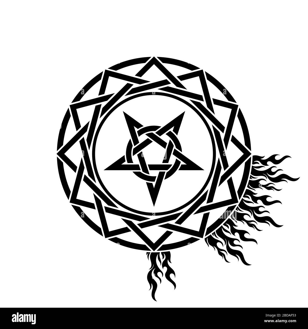 Schwarzes Zauberzeichen, Pentagramm und Feuer Stock Vektor
