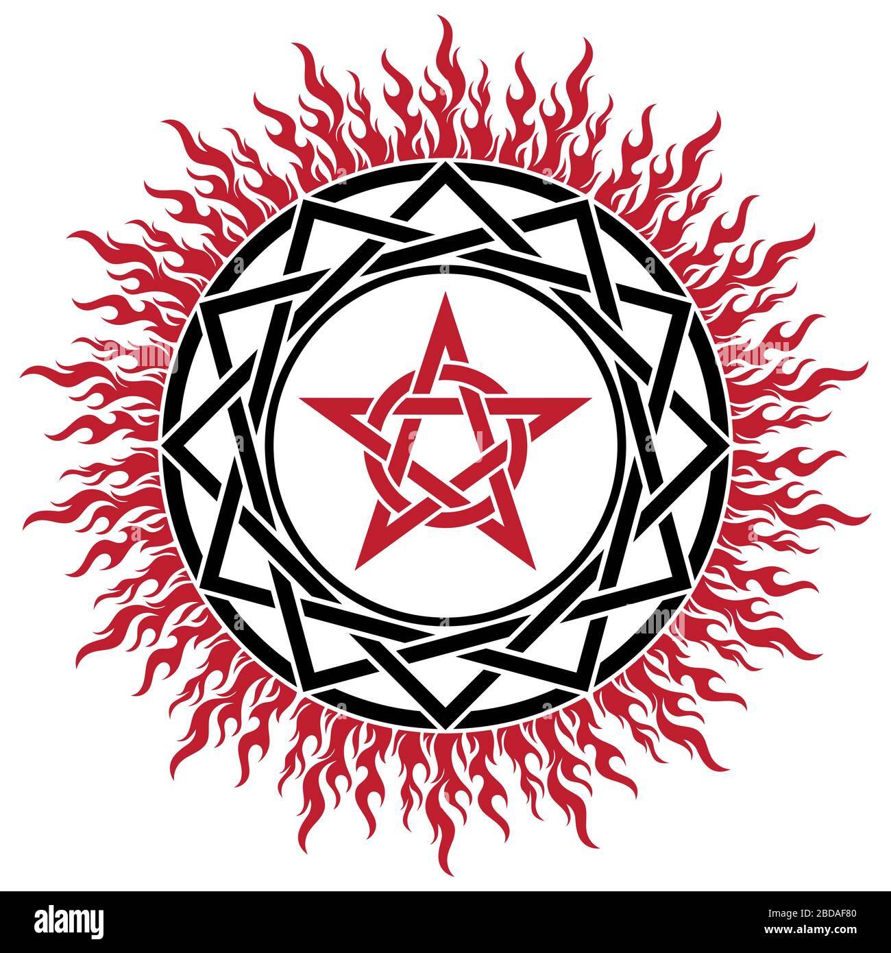 Schwarzes Zauberzeichen, Pentagramm und Feuer Stock Vektor