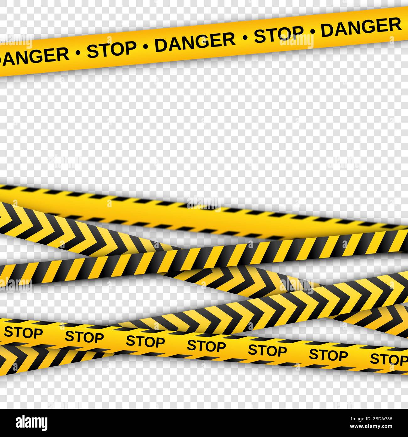 Warnung gelbe und schwarze Bänder auf transparentem Hintergrund. Band mit Sicherheitszäunen. Vektorgrafiken Stock Vektor