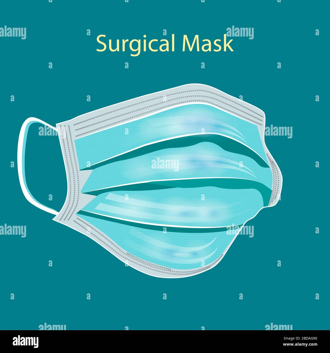 Details 3D medizinische chirurgische Maske isoliert auf türkisfarbenem Hintergrund. Vektorgrafiken. COVID19-Schutz. Realistische Maske zum Schutz der Menschen vor Viru Stockfoto