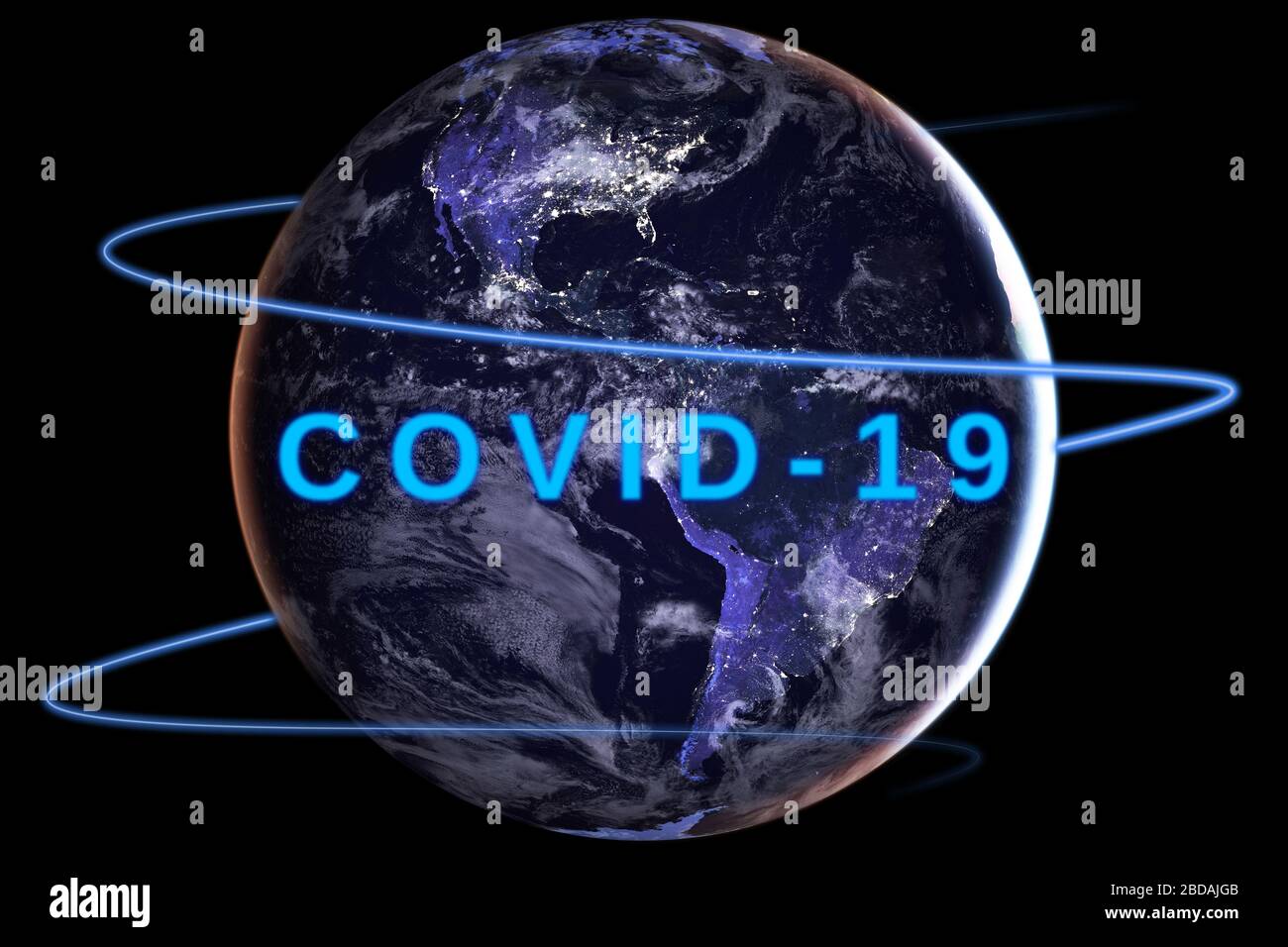 Konzept der Verbreitung der Covid-19 Krankheit rund um den Globus von Satellitenbildern bei Nacht gesehen- enthält Elemente von der NASA eingerichtet Stockfoto