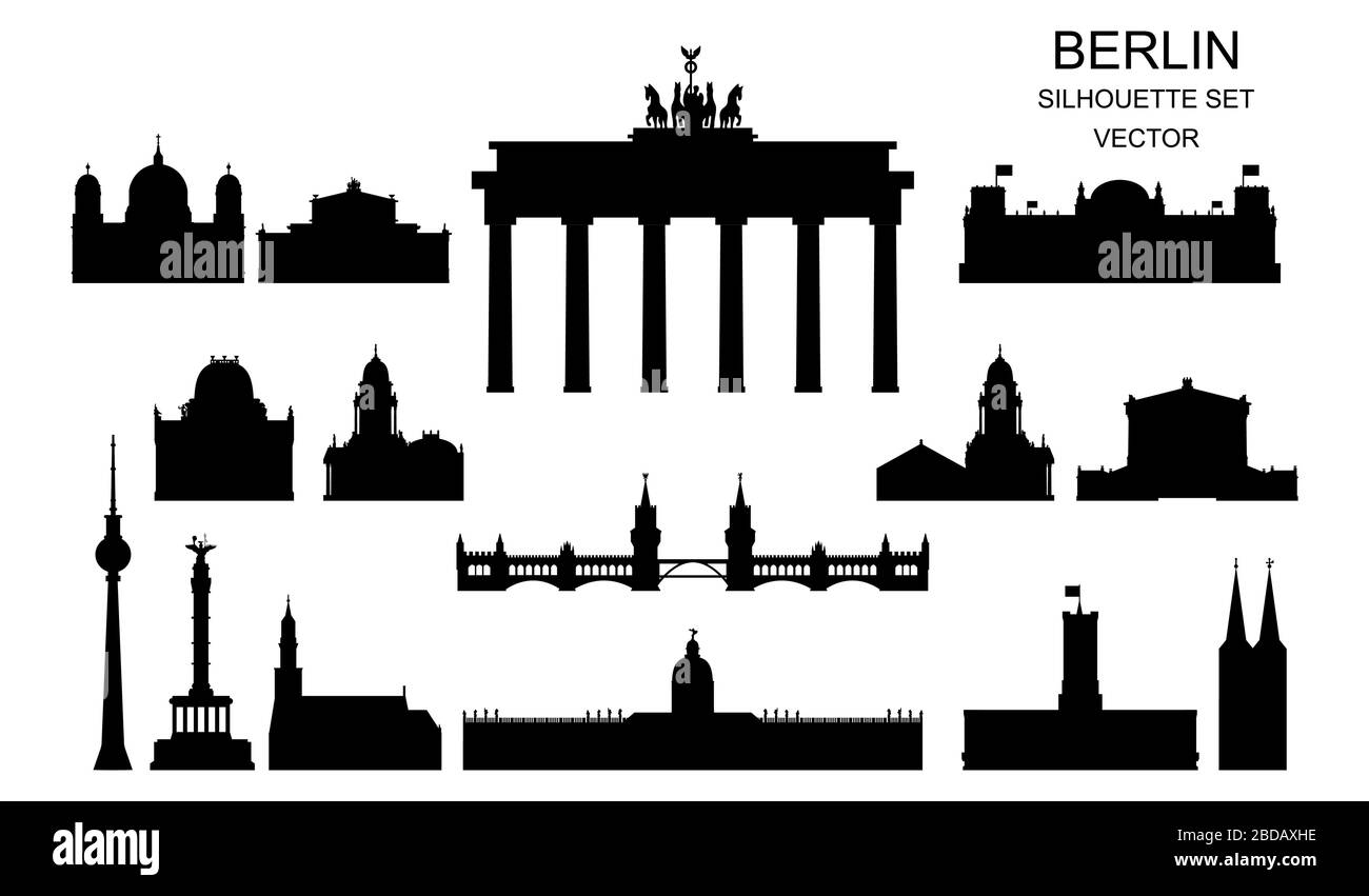 Vector Set von Berliner Wahrzeichen Silhouetten, Deutschland. Schwarze Abbildung isoliert auf weiß. Berliner Reisekonzept. Horizontale Abbildung des Hauptgrundstücks Stock Vektor