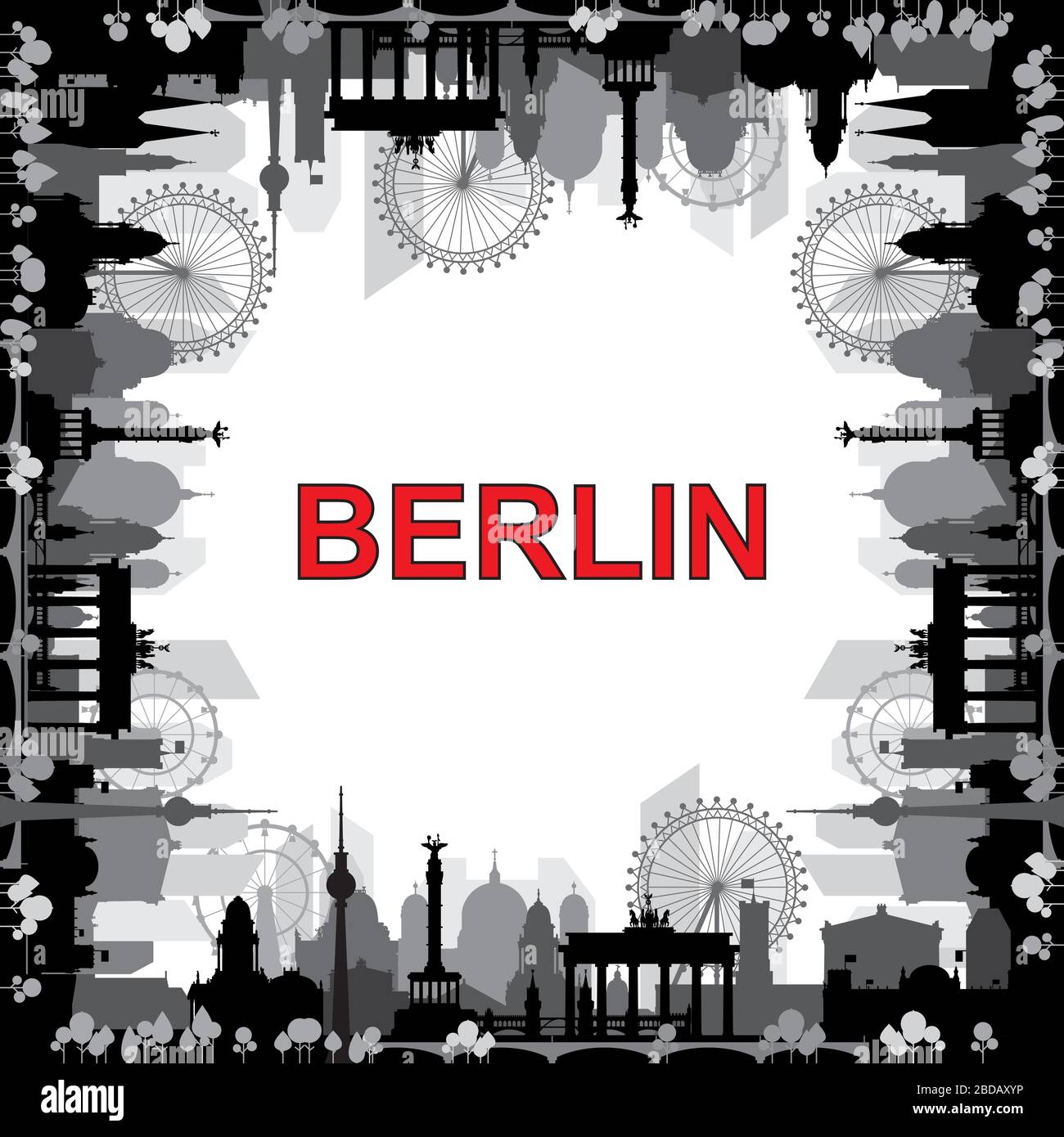 Berliner Skyline Silhouetten-Vektor-Quadrat geschlossene Abbildung isoliert auf weißem Hintergrund. Weltweites Reisekonzept, deutscher Tourismus und Reise Stock Vektor