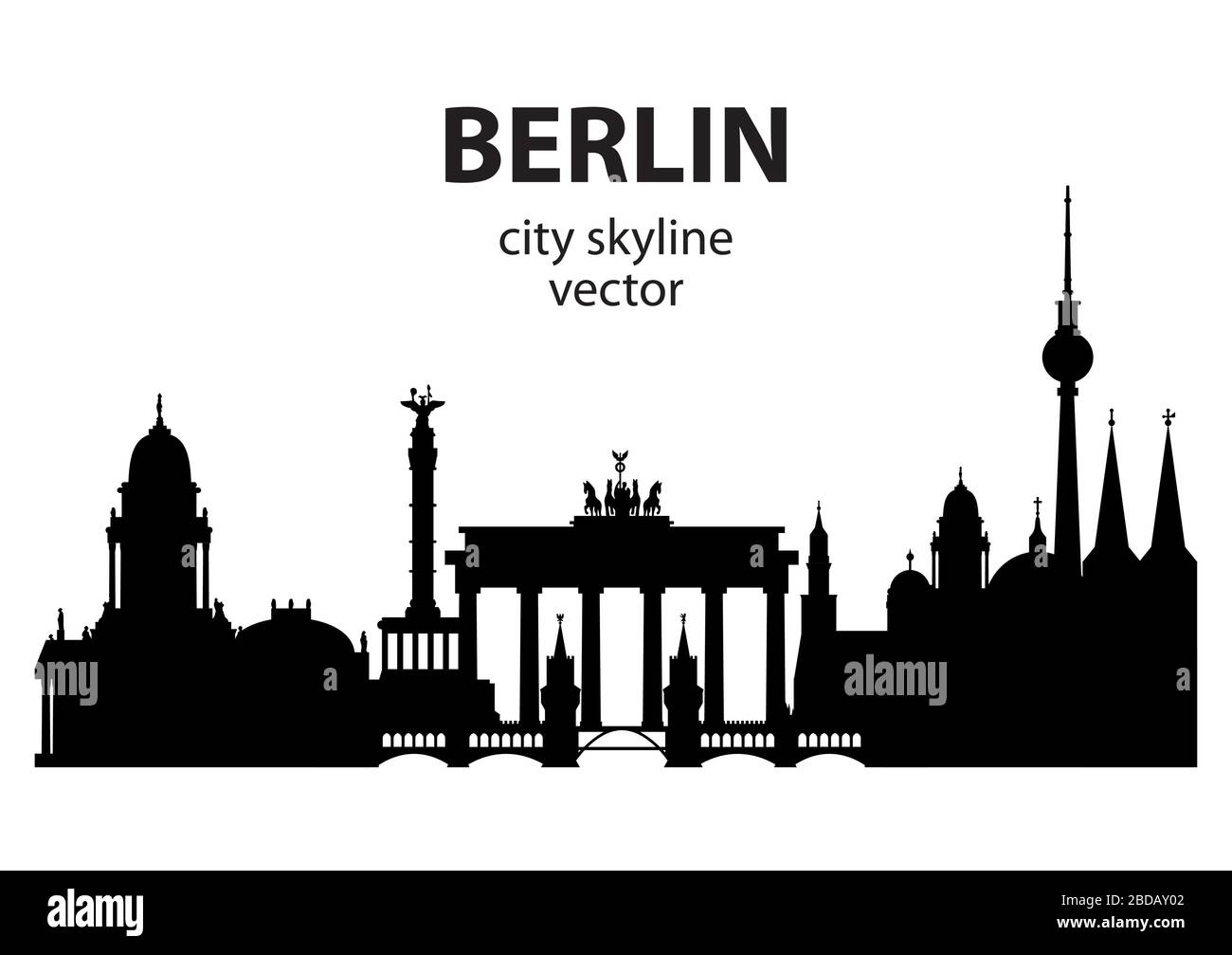Berliner Skyline schwarze Silhouetten-Illustration mit architektonischen Sehenswürdigkeiten.horizontale Illustration des Berliner Reisekonzepts. Deutscher Tourismus und Jour Stock Vektor