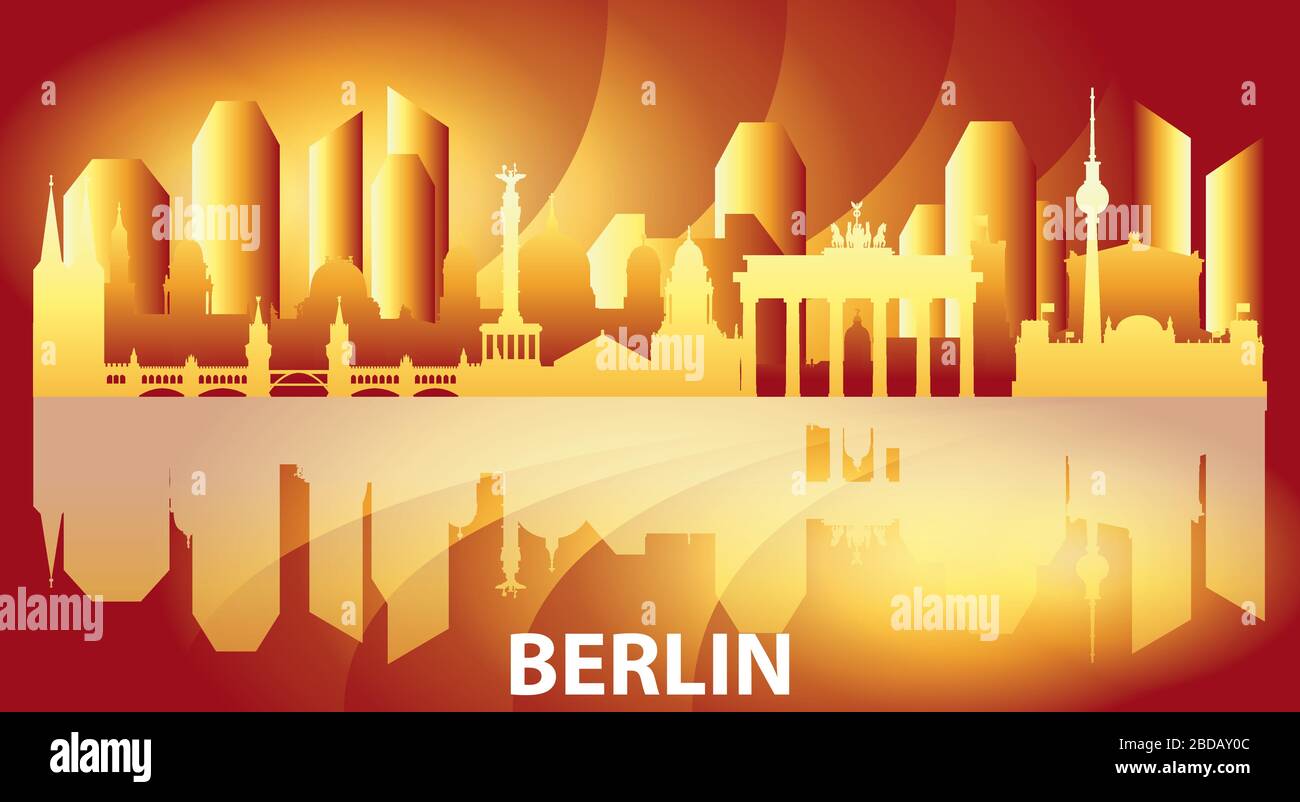 Farbige Gradienten horizontale Silhouette Illustration der Berliner Wahrzeichen. Panoramadarstellung des Berliner Reisekonzepts. Deutscher Tourismus a Stock Vektor