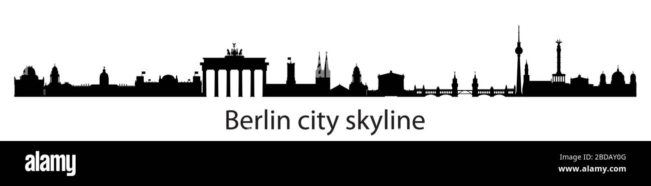 Horizontale Silhouetten-Illustration der Berliner Skyline mit architektonischen Sehenswürdigkeiten. Panoramadarstellung des Berliner Reisekonzepts. Deutscher Tourismus und Stock Vektor