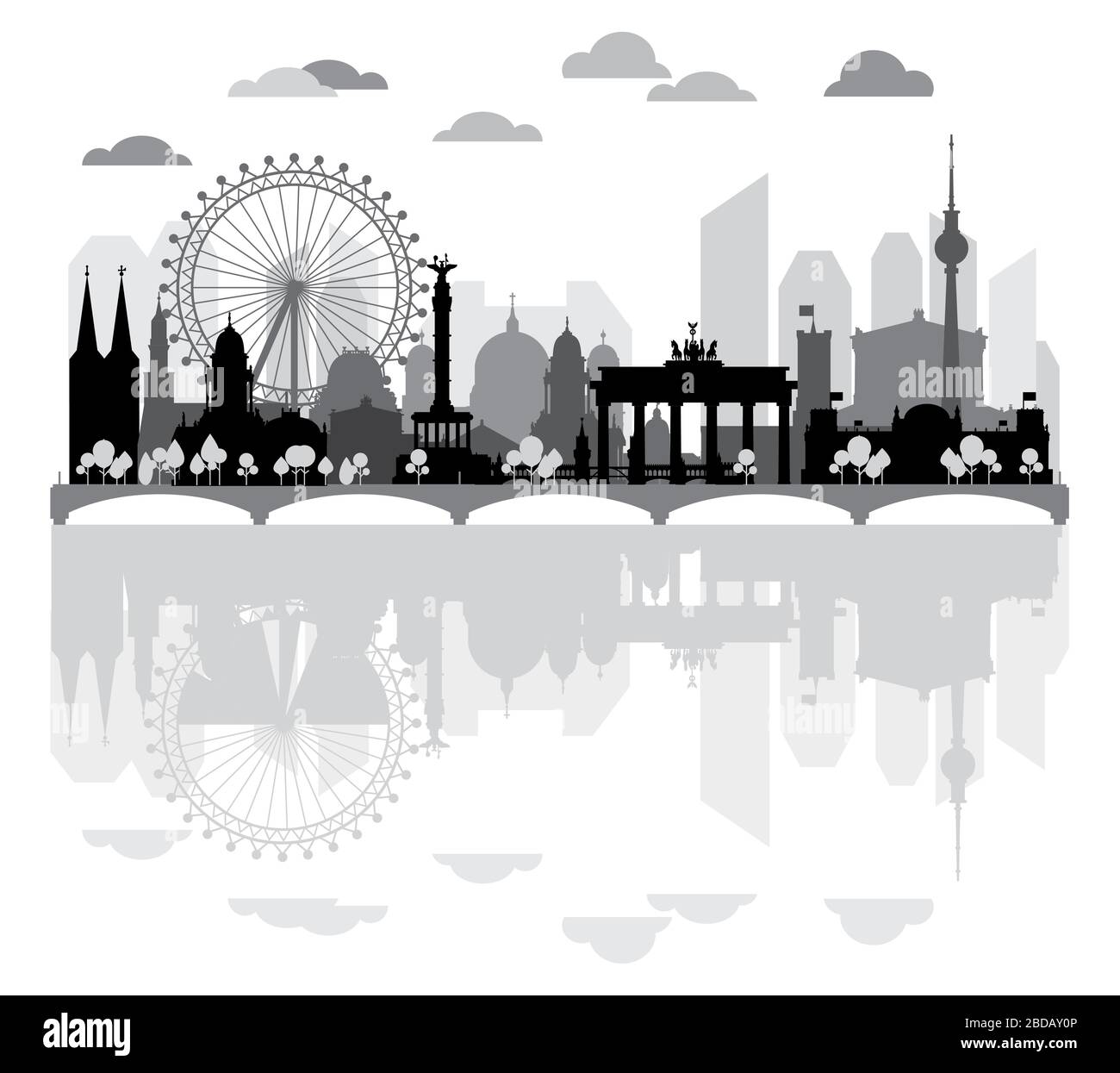 Horizontale Silhouettendarstellung von Berliner Architekturdenkmälern und Spiegelung im Wasser. Panorama-Skyline von Berlin. Deutscher Tourismus und j. Stock Vektor