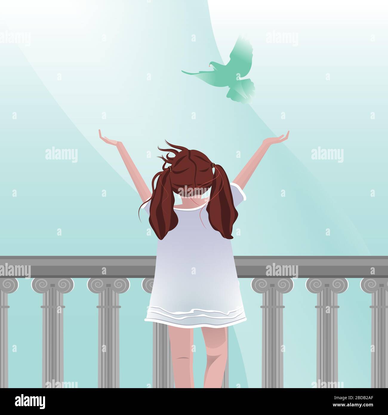 Ein kleines Mädchen streckt ihre Hände in den Himmel. Zeichen für Frieden und Freiheit. Traum von Freiheit Stock Vektor
